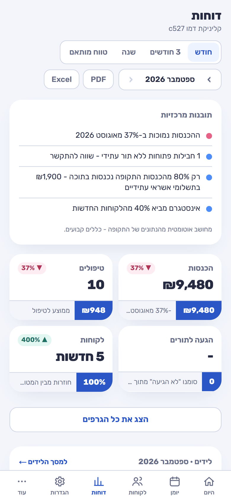 דוחות בטלפון: הכנסות וטיפולים החודש, תובנות וייצוא