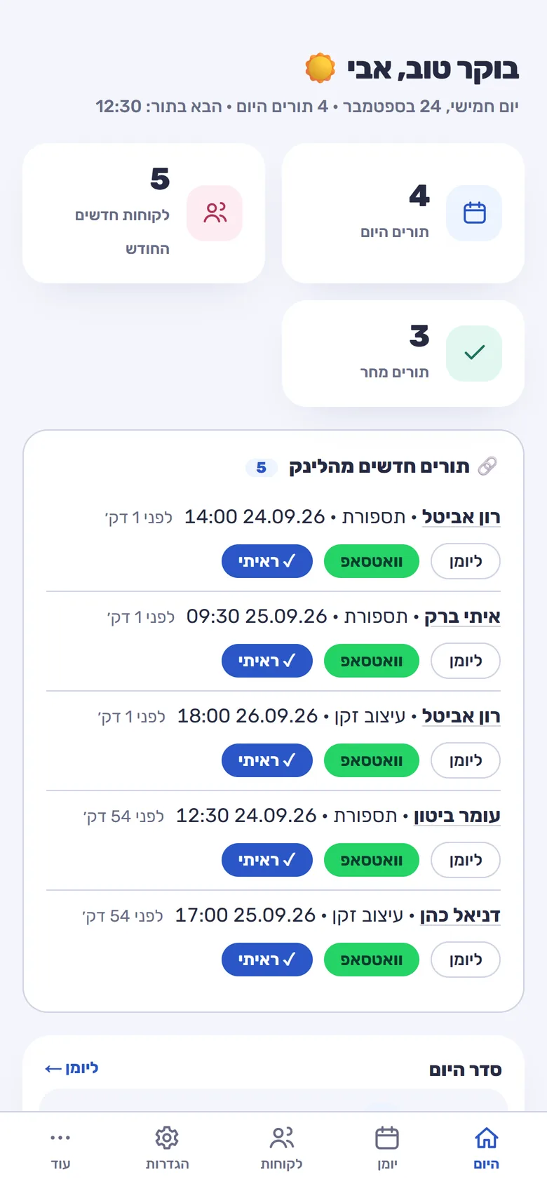מסך היום של KLINIX יומן בטלפון: תורים היום ומחר, לקוחות חדשים, ותורים חדשים מהלינק עם כפתורי וואטסאפ ואישור